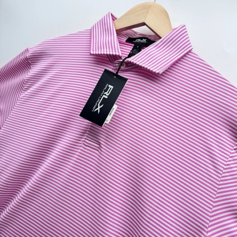 RLX Ralph Lauren Gold Concept 1 Mens Medium Golf Shirt Lightweight Pink White